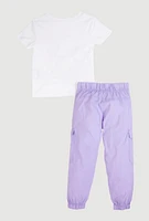 Little Girls Unique Graphic Tee and Cargo Joggers, Purple,