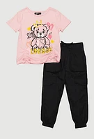 Little Girls Unique Graphic Tee and Cargo Joggers, Pink, Size 4