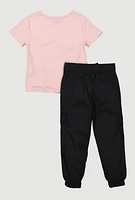 Little Girls Unique Graphic Tee and Cargo Joggers, Pink, Size 4