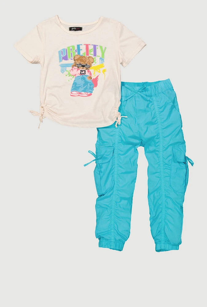 Little Girls Pretty Bear Graphic Tee and Cargo Joggers, Blue, Size 4