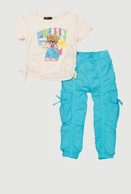 Little Girls Pretty Bear Graphic Tee and Cargo Joggers, Blue, Size 4