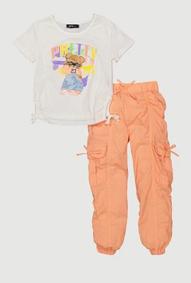 Little Girls Pretty Bear Graphic Tee and Cargo Joggers, Orange,
