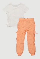 Little Girls Pretty Bear Graphic Tee and Cargo Joggers, Orange,