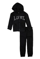 Little Girls Rhinestone Love Sweatshirt and Joggers,