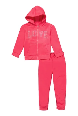 Little Girls Rhinestone Love Sweatshirt and Joggers, Pink, Size 4