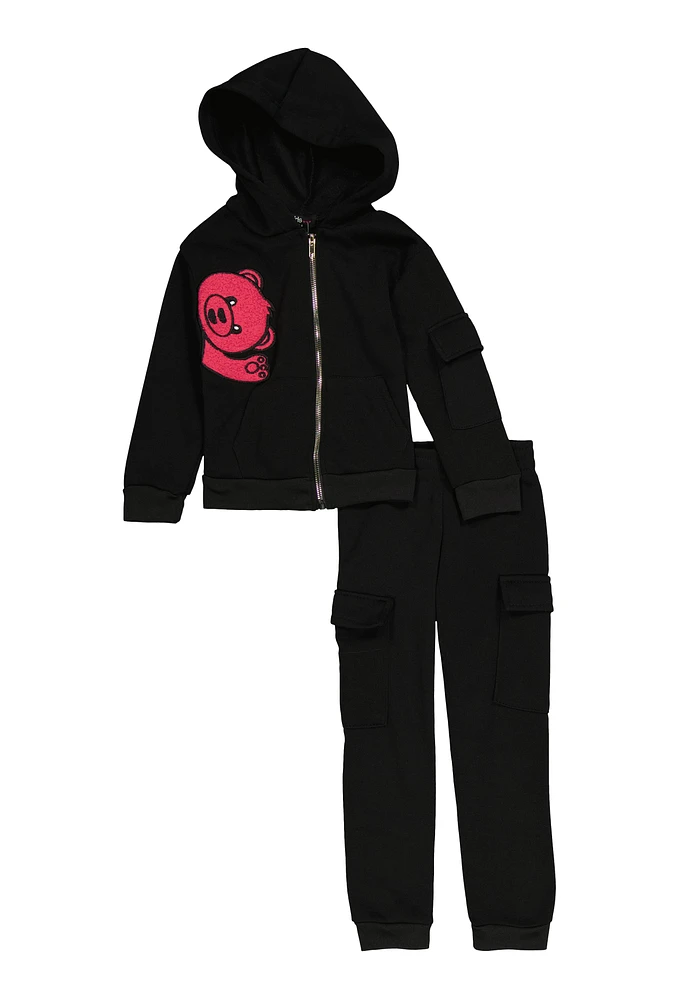 Little Girls Bear Chenille Patch Zip Up Hoodie and Cargo Joggers, Black, Size 6X