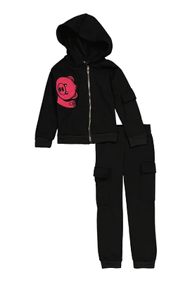 Little Girls Bear Chenille Patch Zip Up Hoodie and Cargo Joggers, Black,