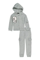 Little Girls Bear Chenille Patch Zip Up Hoodie and Cargo Joggers, Grey, Size 4