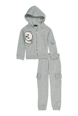 Little Girls Bear Chenille Patch Zip Up Hoodie and Cargo Joggers, Grey, Size 5-6