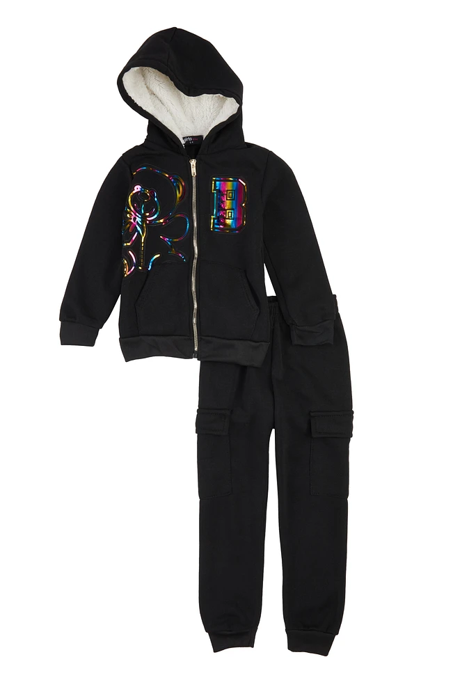 Little Girls Bear Foil Screen Graphic Zip Front Hoodie and Joggers, Black,