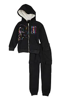 Little Girls Bear Foil Screen Graphic Zip Front Hoodie and Joggers, Black,