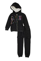 Little Girls Bear Foil Screen Graphic Zip Front Hoodie and Joggers, Black, Size 4