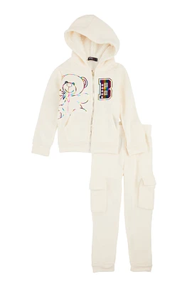 Little Girls Bear Foil Screen Graphic Zip Front Hoodie and Joggers, Beige, Size 5-6