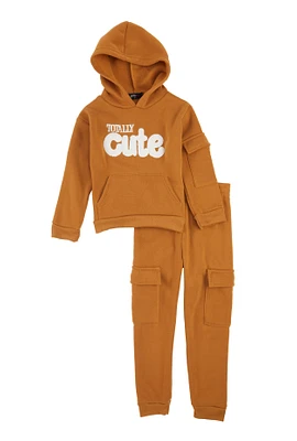 Little Girls Totally Cute Hoodie and Cargo Joggers, Brown, Size 5-6