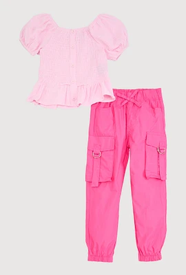 Little Girls Puff Sleeve Peasant Top and Cargo Joggers, Pink, Size 5-6