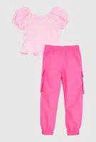 Little Girls Puff Sleeve Peasant Top and Cargo Joggers, Pink, Size 5-6
