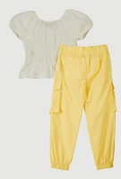 Little Girls Puff Sleeve Peasant Top and Cargo Joggers, Yellow, Size 4