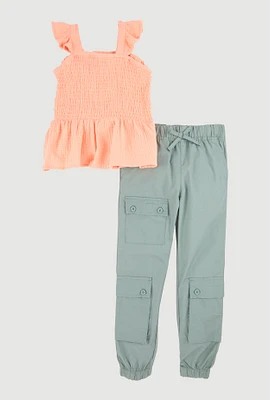 Little Girls Sleeveless Smocked Peplum Top and Joggers,