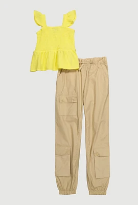Little Girls Sleeveless Smocked Peplum Top and Joggers, Yellow, Size 4