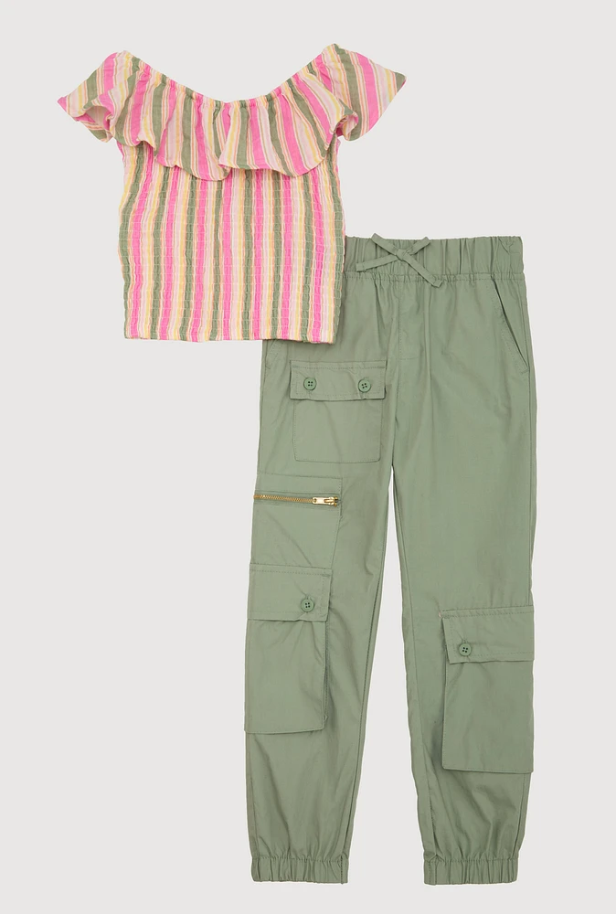 Little Girls Striped Smocked Top and Cargo Pants, Multi, Size 4