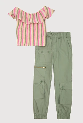 Little Girls Striped Smocked Top and Cargo Pants, Multi, Size 4