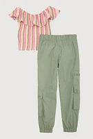 Little Girls Striped Smocked Top and Cargo Pants, Multi, Size 4