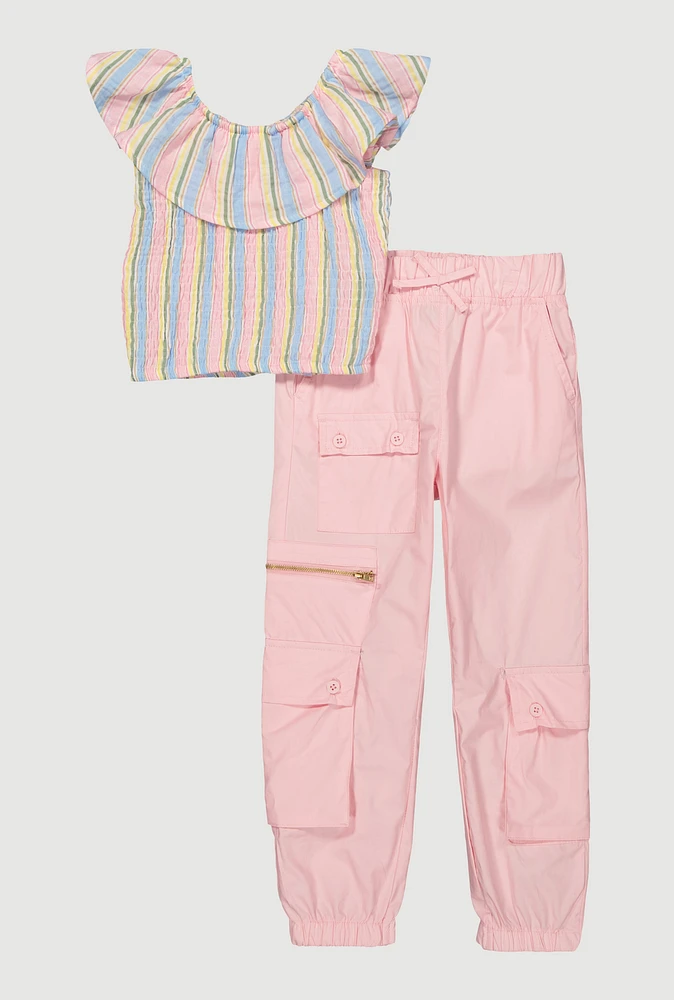 Little Girls Striped Smocked Top and Cargo Pants, Pink, Size 4