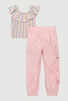 Little Girls Striped Smocked Top and Cargo Pants, Pink, Size 4