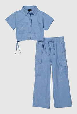 Little Girls Mineral Wash Shirt and Cargo Pants, Blue, Size 5-6