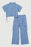 Little Girls Mineral Wash Shirt and Cargo Pants, Blue, Size 5-6