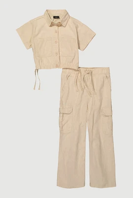 Little Girls Mineral Wash Shirt and Cargo Pants, Khaki, Size 5-6