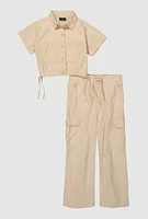 Little Girls Mineral Wash Shirt and Cargo Pants, Khaki, Size 5-6