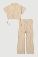 Little Girls Mineral Wash Shirt and Cargo Pants, Khaki, Size 5-6