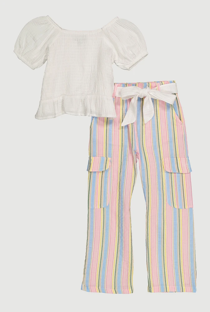 Little Girls Smocked Blouse and Tie Waist Belted Pants, White, Size 5-6