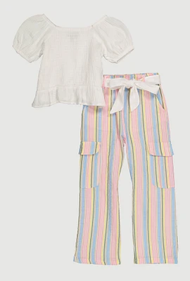 Little Girls Smocked Blouse and Tie Waist Belted Pants, White, Size 5-6