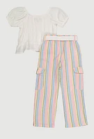 Little Girls Smocked Blouse and Tie Waist Belted Pants, White, Size 5-6