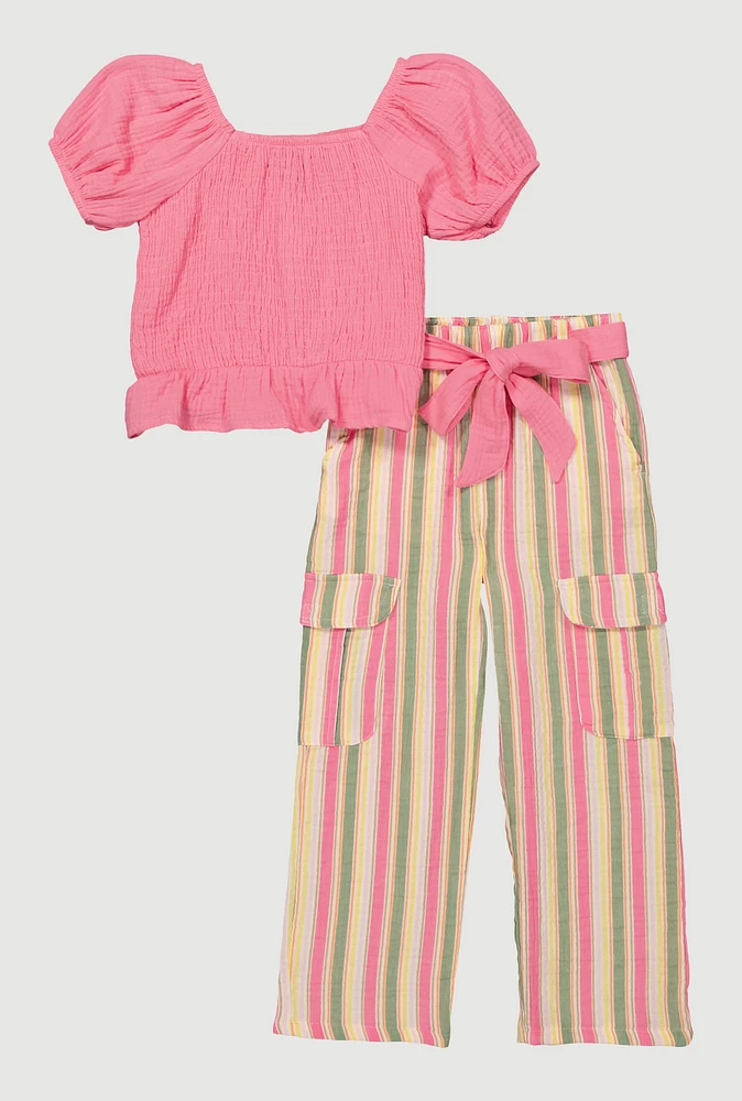 Little Girls Smocked Blouse and Tie Waist Belted Pants, Pink,