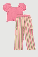 Little Girls Smocked Blouse and Tie Waist Belted Pants, 6X