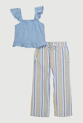 Little Girls Ruffle Smocked Top and Striped Pants,