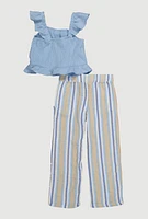 Little Girls Ruffle Smocked Top and Striped Pants, Blue, Size 6X