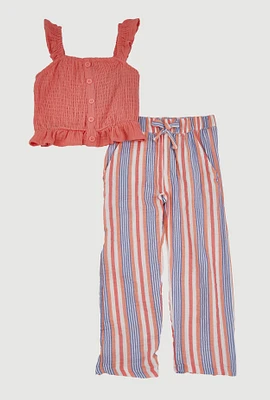 Little Girls Ruffle Smocked Top and Striped Pants, 6X