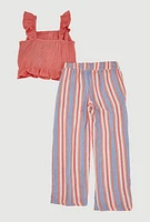 Little Girls Ruffle Smocked Top and Striped Pants, 6X