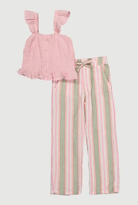 Little Girls Ruffle Smocked Top and Striped Pants, Pink, Size 5-6