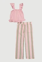 Little Girls Ruffle Smocked Top and Striped Pants, Pink, Size 5-6