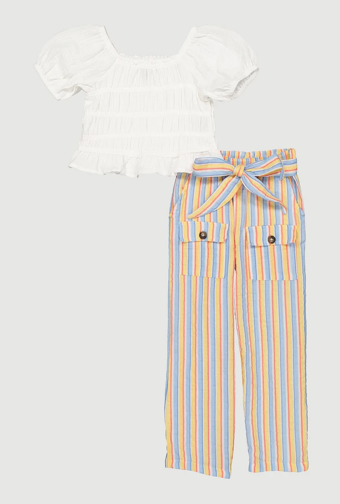 Little Girls Smocked Blouse and Tie Waist Belted Pants,