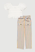 Little Girls Smocked Blouse and Tie Waist Belted Pants,