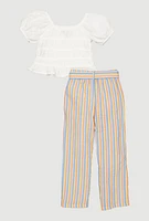 Little Girls Smocked Blouse and Tie Waist Belted Pants,