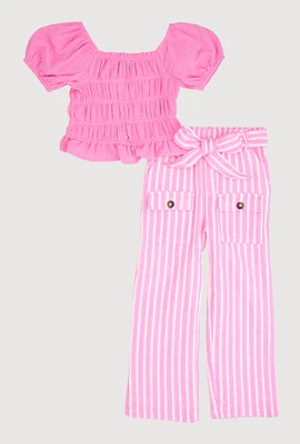 Little Girls Smocked Blouse and Tie Waist Belted Pants, Pink,