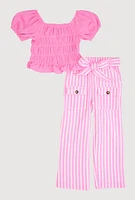 Little Girls Smocked Blouse and Tie Waist Belted Pants, Pink,