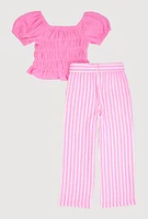 Little Girls Smocked Blouse and Tie Waist Belted Pants, Pink,